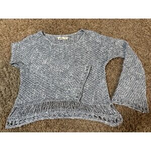 Hollister Blue White Marled Knit Small Crochet Bell Sleeve Fringe Boho Retro